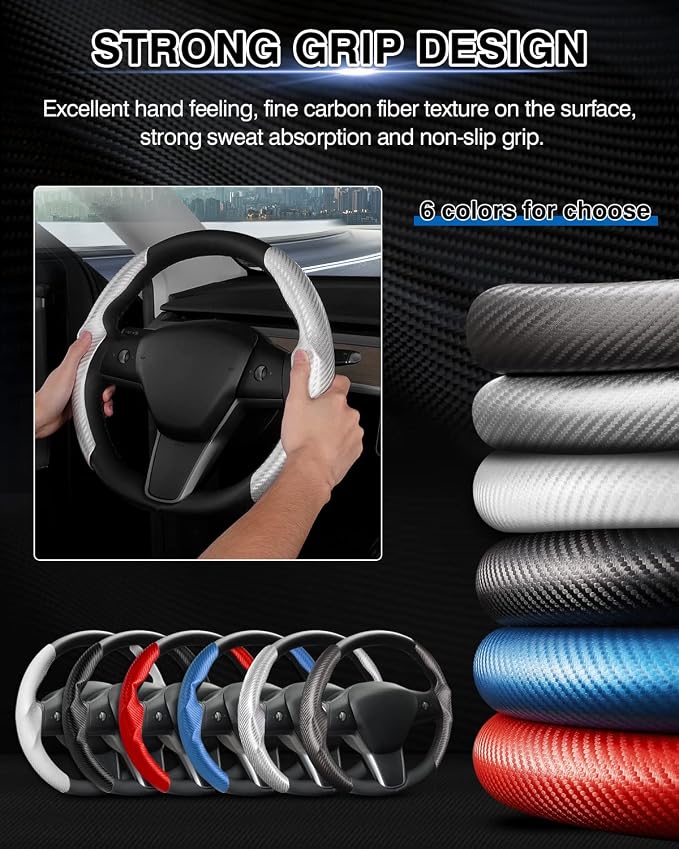 Canvcle Steering Wheel Cover for Tesla Model 3/Model Y Accessories Carbon Fiber Steering Wheel Cover Protector Anti-Slip, Comfortable Grip, Breathable, Model 3/Y Accessories