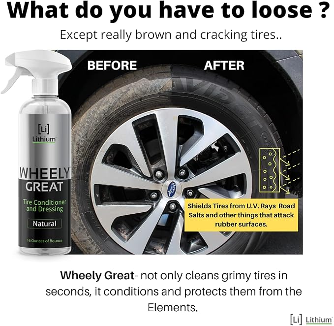 Wheely Great Tire Dressing Spray - Protects Rubber from U.V. Rays - Rubber Tire Conditioner So It Won't Dry Out and Crack - Keeps Tires Black, Not Shiny - Removes Brown Film from Sidewalls