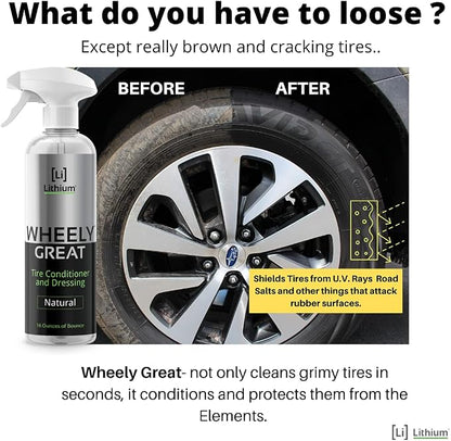 Wheely Great Tire Dressing Spray - Protects Rubber from U.V. Rays - Rubber Tire Conditioner So It Won't Dry Out and Crack - Keeps Tires Black, Not Shiny - Removes Brown Film from Sidewalls