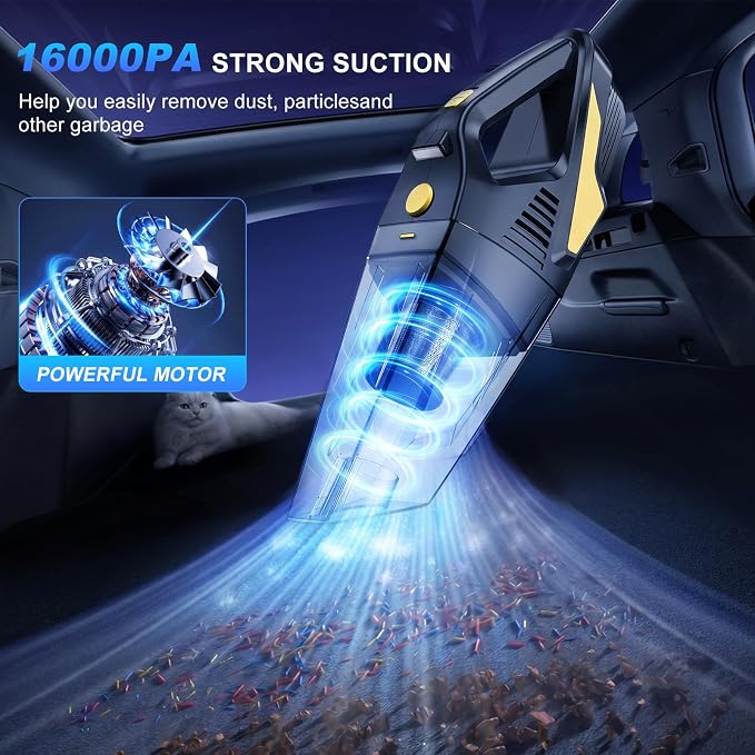 Rechargeable Cordless Handheld Vacuum Cleaner, Lightweight Portable Mini Hand Vac with 16000Pa Suction & LED Light for Car Interior,Home,Pet Hair, Hard-to-Reach Corners Cleaning