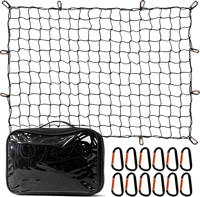 Cargo Net for Pickup Truck Bed-4’x6’ Stretches to 8’x12’,with 12 Adjustable Metal Carabiners，Easy-to-use Tailgate Cargo Netting- Compatible with Ford, Dodge RAM, Chevy, Toyota (Black)
