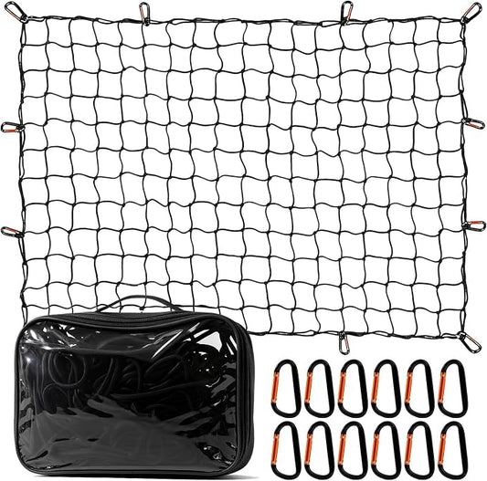 Cargo Net for Pickup Truck Bed-4’x6’ Stretches to 8’x12’,with 12 Adjustable Metal Carabiners，Easy-to-use Tailgate Cargo Netting- Compatible with Ford, Dodge RAM, Chevy, Toyota (Black)