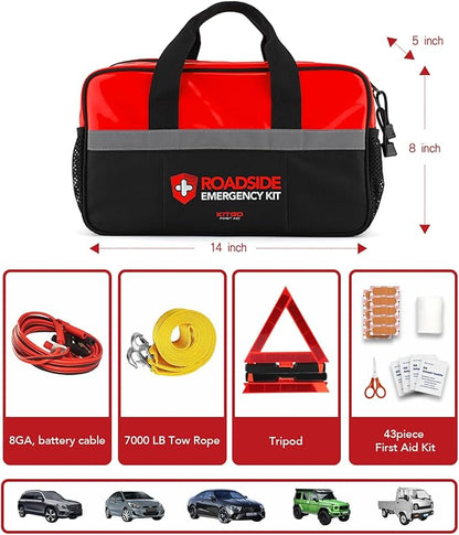 Kitgo Car Emergency Kit,Premium Roadside Assistance Essentials with Jumper Cables, Flashlight, Shovel, Screwdriver Set - Ideal Auto Road Safety Kit, Survival, Truck, RV and More Gift for Father (Red)