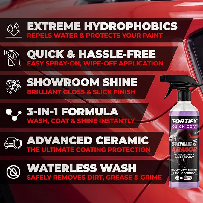 SHINE ARMOR Fortify Quick Coat: 3-in-1 Waterless Car Wash Spray with Ceramic Coating - Car Wax, Paint Protector, and Cleaner for Trucks, Bikes and SUVs, Made in USA, 16floz