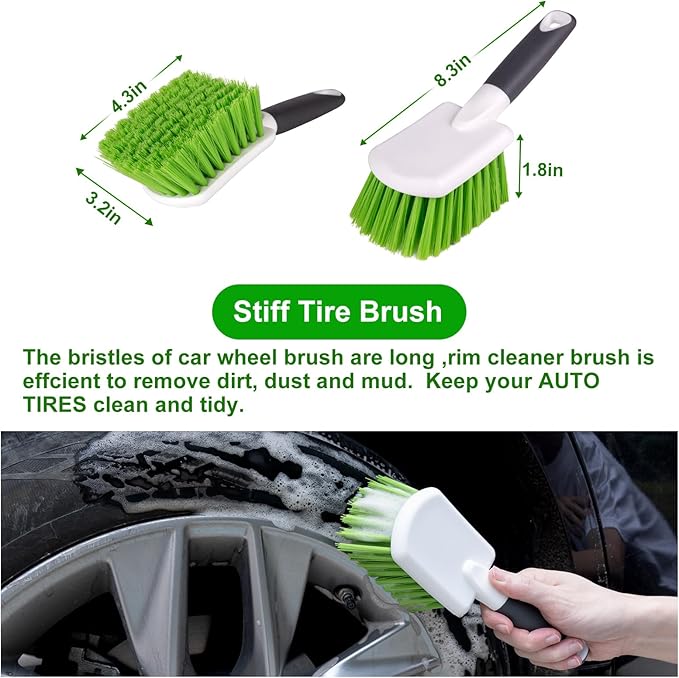 4 Pack Car Wash Brush Wheel Cleaning Woolies Brush Detailing Brush and Stiff Tire Brush Tires Wheel Brushes for Cleaning Wheels for Wheels, Rims, Carpet, Truck, SUV, Moto, RV, Motorcycle
