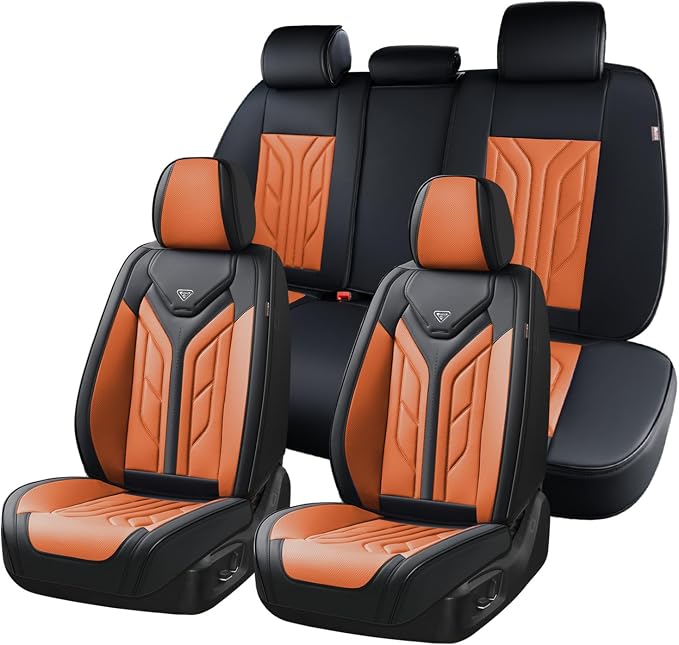 Coverado Car Seat Covers Full Set, Automotive Seat Covers Car Seat Protector Car Seat Cushion, Waterproof Leather Seat Covers for Cars, Universal Fit for Most Sedans SUV Pick-up Truck(Black&Orange)