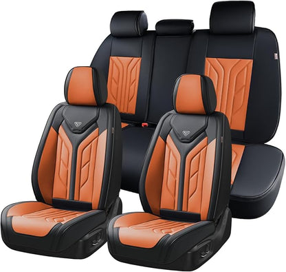 Coverado Car Seat Covers Full Set, Automotive Seat Covers Car Seat Protector Car Seat Cushion, Waterproof Leather Seat Covers for Cars, Universal Fit for Most Sedans SUV Pick-up Truck(Black&Orange)
