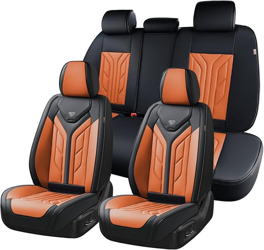 Coverado Car Seat Covers Full Set, Automotive Seat Covers Car Seat Protector Car Seat Cushion, Waterproof Leather Seat Covers for Cars, Universal Fit for Most Sedans SUV Pick-up Truck(Black&Orange)