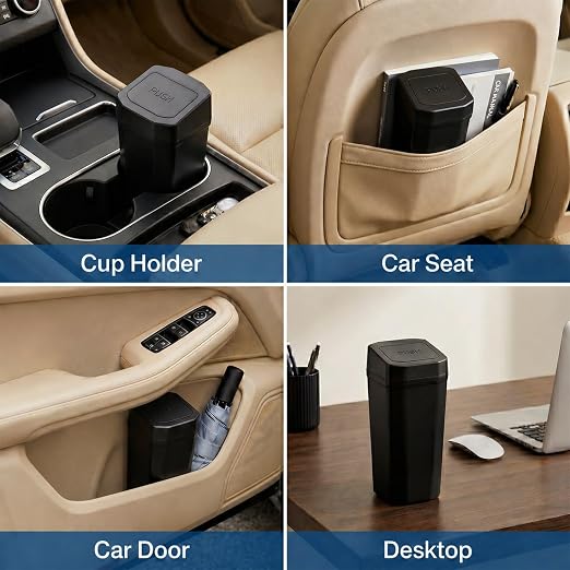 Car Trash Can, 2 Packs Mini Car Garbage Can with Lid, Leakproof Small Cup Holder Trash Can for Car with 60 Trash Bags, Vehicle SUV Truck Organizers and Storage for Home, Office, Black