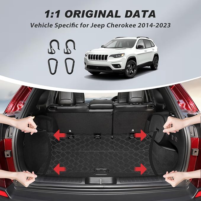 Karltys Cargo Net for Jeep Cherokee 2014-2023 Trunk Net | Envelope Style Elastic Mesh Net | Heavy Duty Metal Hooks | Jeep Cherokee Accessories