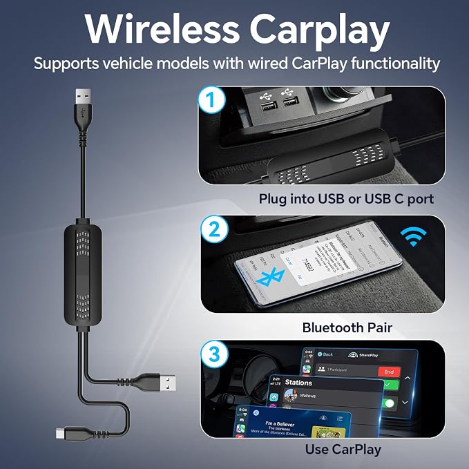 Car Screen Mirroring Adapter with Wireless CarPlay - Supports Watching Any App (YouTube, Net-Flix, TikTok, etc.), Compatible with Factory-CarPlay Equipped Vehicles