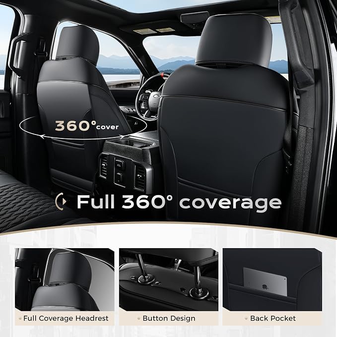 Coverado Front Seat Covers for Ford F150 2015-2026, F250 F350 F450 2017-2026 SuperCrew Crew Cab, Black Leather Car Seat Covers, Full Coverage
