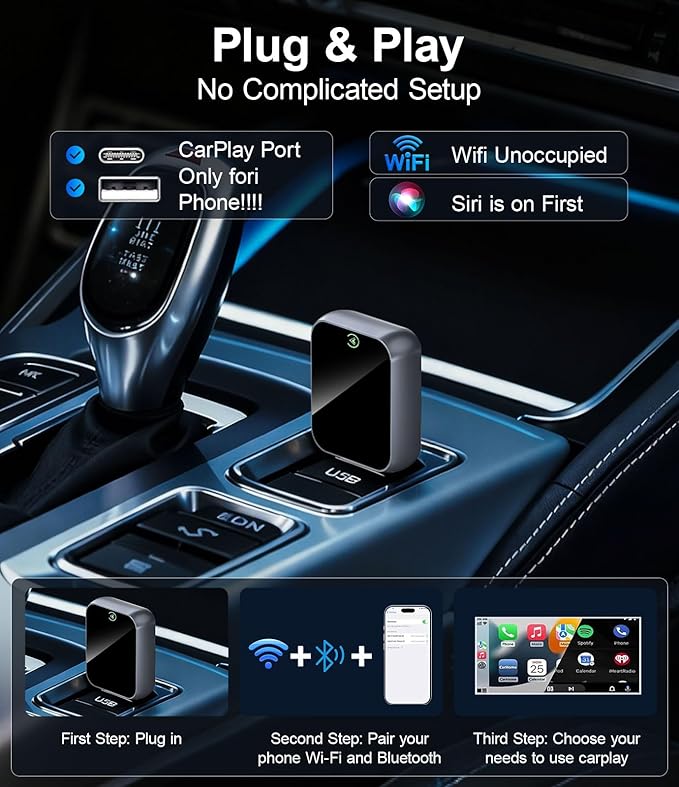 Wireless CarPlay Adapter for iPhone - No Audio Lag, Auto-Connect - Convert Factory Wired to Wireless CarPlay - Bluetooth 5.3 & 5GHz Wi-Fi - Plug & Play (Includes USB A/C)
