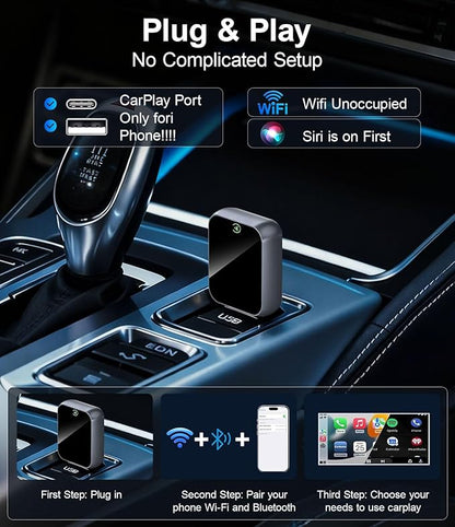 Wireless CarPlay Adapter for iPhone - No Audio Lag, Auto-Connect - Convert Factory Wired to Wireless CarPlay - Bluetooth 5.3 & 5GHz Wi-Fi - Plug & Play (Includes USB A/C)