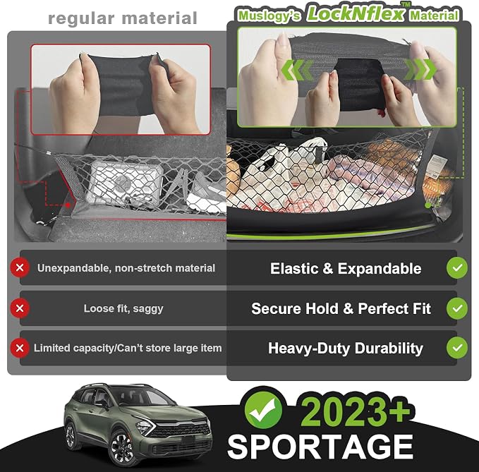 Muslogy Truck Bed Cargo Net Trunk Netting Compatible with 2023 2024 2025 2026 Kia Sportage Accessories, Pickup Cargo Organizer SUV Sedan Storage Net w/Heavy Duty Carabiners