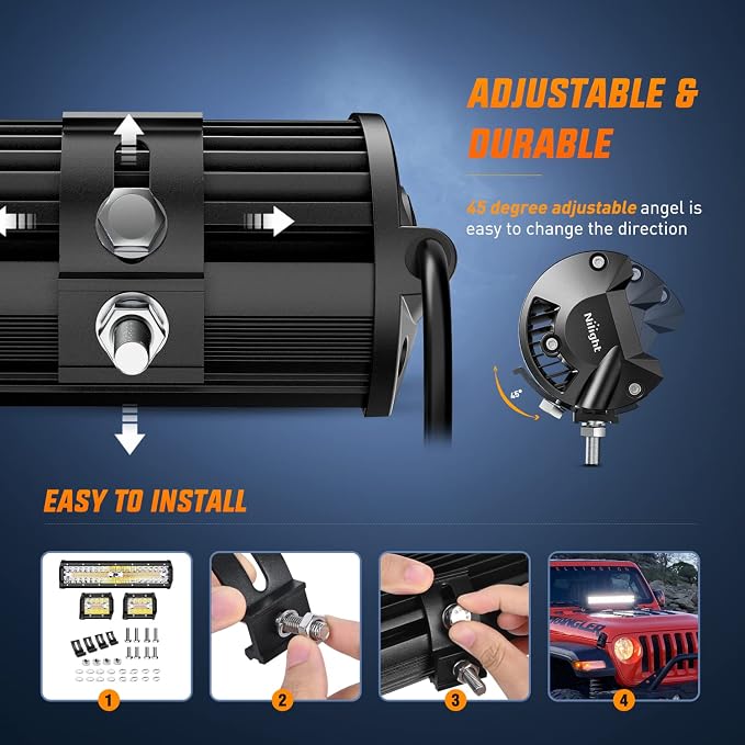 Nilight 12Inch 300W LED Light Bar 2PCS 4Inch 60W Light Pods Amber White Strobe 6 Modes Memory Function Reset Function Off Road Truck with 16AWG Wiring Harness Kit-3 Leads, 2 Years Warranty
