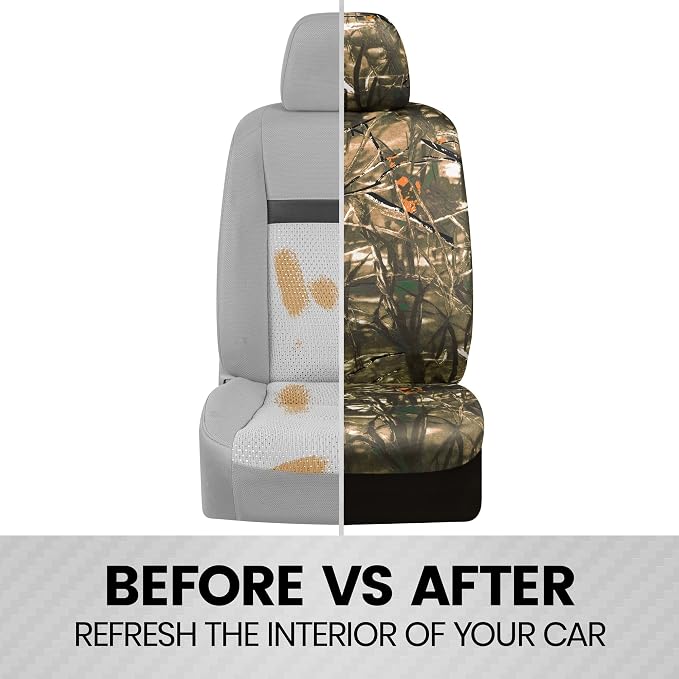 BDK Hunter Camo Car Seat Covers Full Set with Camo Steering Wheel Cover and Seat Belt Cover Pad – Forest Camouflage Pattern, Automotive Front Seat & Bench Back Seat Cover for Cars Trucks SUV
