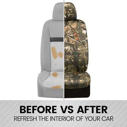 BDK Hunter Camo Car Seat Covers Full Set with Camo Steering Wheel Cover and Seat Belt Cover Pad – Forest Camouflage Pattern, Automotive Front Seat & Bench Back Seat Cover for Cars Trucks SUV