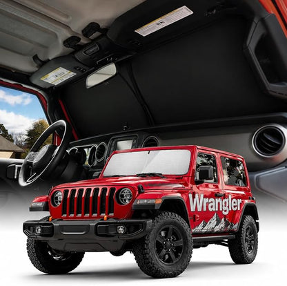 Weektic Windshield Sun Shade for Jeep Wrangler/Gladiator 2019-2021 2022 2023 2024 2025 2026, 5-Laer Ice Crystal Reflective & Heat Insulating Sunshade for Car Windshield | Silver Foldable Sun Blocker
