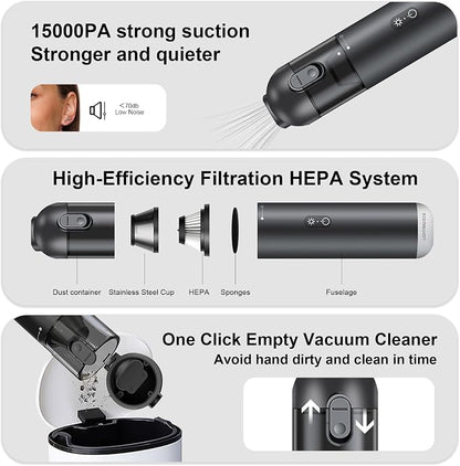 Cordless Handheld Car Vacuum Cleaner - 15000PA Portable Vacuum with LED Light & HEPA Filter, Blow & Suction 2 in 1 Small Hand Held Cleaner for Car Detailing, Pet Hair, Home, Office