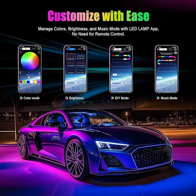 YiLaie LED Car Lights Interior Multcolor Lights for Car Inside with APP and Control Box, Music Sync USB Under Dash Lighting Kit for Cars, Trucks, SUVs, DC 5V