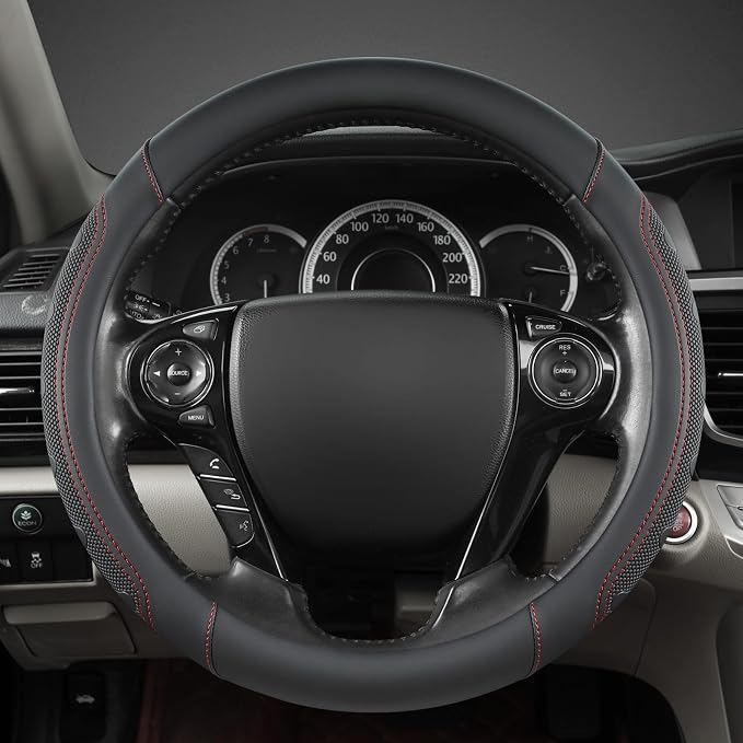 GIANT PANDA Microfiber Leather Steering Wheel Cover for Honda Accord,Civic,CR-V,HR-V,Pilot(Black+Red Line-Standard Size)