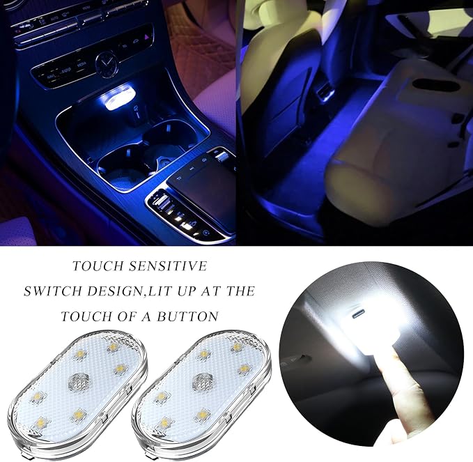 Wevdn 2 PCS Car LED Lights Interior Wireless, Sticky Car Ambient Lighting with 6 Bright LED Lamp Beads, Portable USB Rechargeable Vehicle Interior Led Night Light for Car (Blue)
