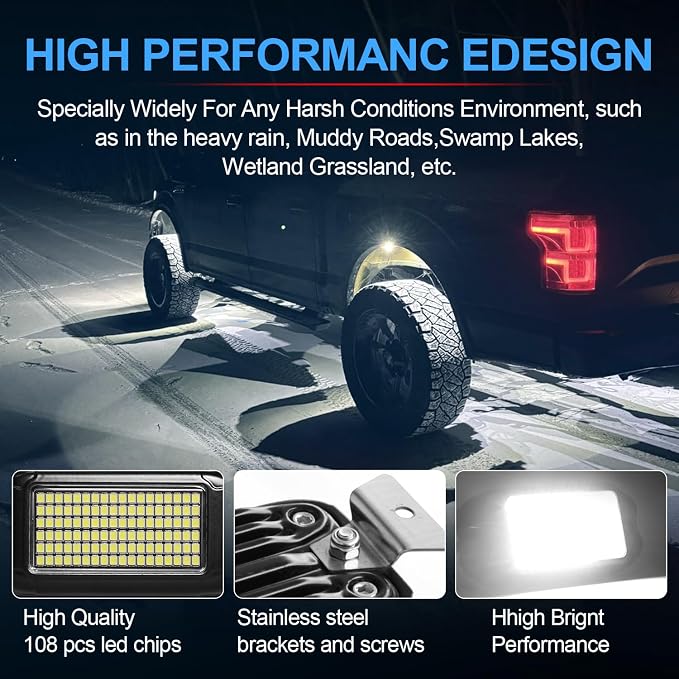 Nicoko 108 High-Power LEDs per Pod 4Pods Pure White Rock Lights Ultra-Bright Offroad Underglow Kit Advanced Heat Dissipation IP68 Waterproof for Truck, SUV, UTV, ATV, RZR