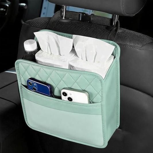 Car Seat Back Organizer, Leather Backseat Hanging Storage Bag, Multipurpose Car Hanging Trash Bag with 2 Compartments, Car Large Capacity Pouch Pocket for Kids & Adults (Green/Transparent Bag)