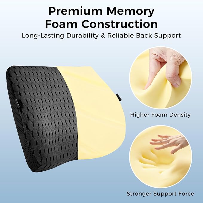 Lumbar Support Pillow for Car & Office Chair - High-Density Memory Foam Back Cushion for Sciatica & Lower Back Pain Relief - Non-Slip Support for Long Commutes & Desk Workers (4D Mesh Black)