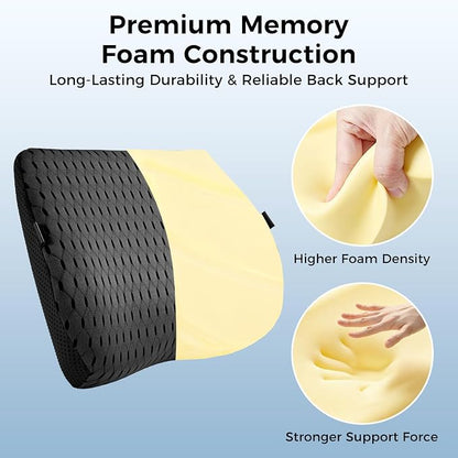 Lumbar Support Pillow for Car & Office Chair - High-Density Memory Foam Back Cushion for Sciatica & Lower Back Pain Relief - Non-Slip Support for Long Commutes & Desk Workers (4D Mesh Black)