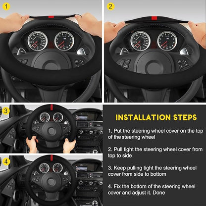 Suede Steering Wheel Cover with Upgraded Silicone Inner Ring, Breathable, Anti-Slip, Leather Universal 14.5 to 15 Inch Steering Wheel Cover (Black with Red Mark)