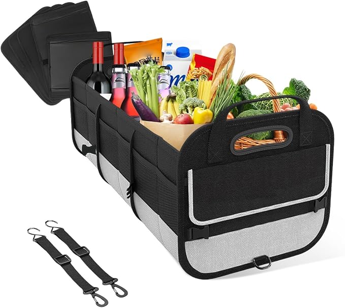 povtii Large Organizer for Car, 95L Stretchable Storage Trunk Organizer with Divided Compartments, Fixed Big Trunk Organizer with Handles & Adjustable Straps, Car Accessories (Black & Gray)