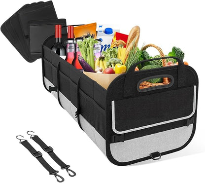 povtii Large Organizer for Car, 95L Stretchable Storage Trunk Organizer with Divided Compartments, Fixed Big Trunk Organizer with Handles & Adjustable Straps, Car Accessories (Black & Gray)