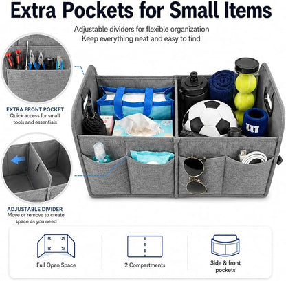 PAT SAM'S Trunk Organizer for SUV, Collapsible Car Trunk Organizer with Dividers, Waterproof 600D Oxford, Non-Slip Storage Organizer for Groceries, Tools, Travel, Truck & Car (Grey)