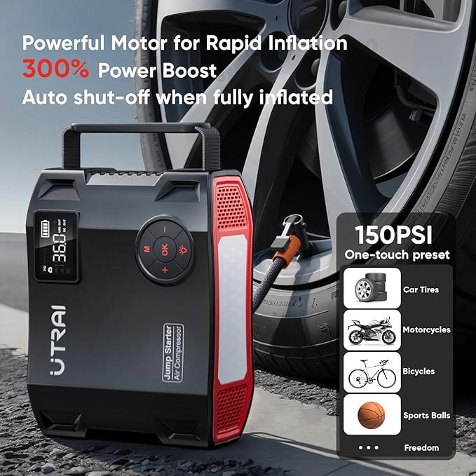 UTRAI Jump Starter with Air Compressor, 7000A 27000mAh Car Starter Jump Box with 150PSI Tire Inflator, Portable Jump Pack (All Gas/10L Diesel), DC160W, QC3.0 Jumper Cables, 1600LM Light
