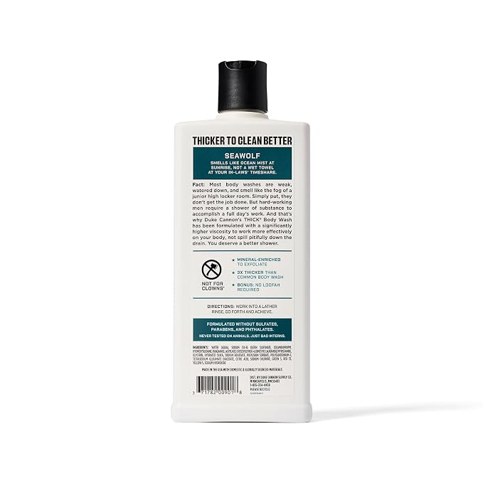 Duke Cannon Supply Co. Thick High Viscosity Body Wash – 3X Thicker, Cleansing Shower and Bath Gel, Mineral-Enriched for Men – Shower Gel – Men’s Body Scrub – Seawolf (18 oz)