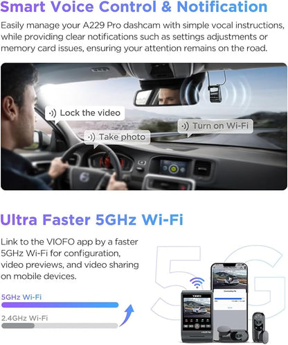VIOFO A229 Pro 3 Channel 4K HDR Dash Cam, Dual STARVIS 2 Sensors IMX678 & IMX675, 4K+2K+1080P Front Inside and Rear Triple Car Camera, 5GHz WiFi GPS, Voice Control, 24H Parking Mode