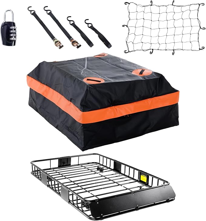 64"x39" Universal Roof Rack Basket Cargo Carrier with 500D PVC Waterproof Cargo Bag,Net&Ratchet Strap, Heavy-Duty Steel Construction, 250Lbs Capacity, Weather-Resistant for All Vehicle