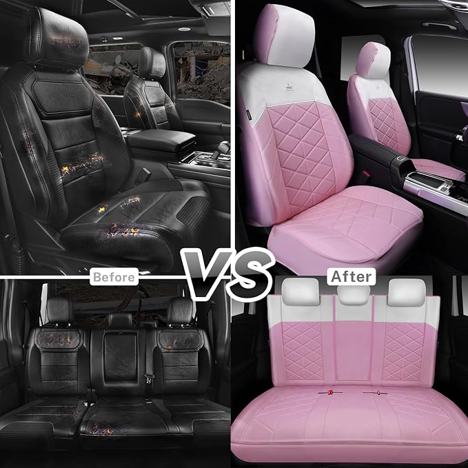 CAR PASS Memory Foam Leather Seat Covers Full Set, Breathable Luxury Perforated Nappa Leather Seat Covers Universal Fit for Car,SUV,Truck Seat Covers Thick 3D Foam Comfort,Airbag Compatible Pink White