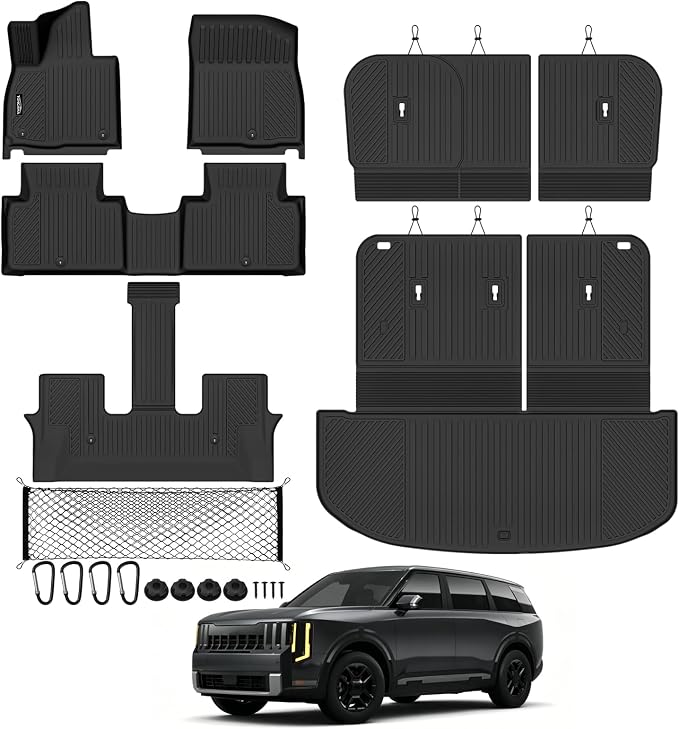 Tongama-Floor Mats for 2027 Kia Telluride Gas 8 Seat with Bench Seats (Not for Hybrid), All Weather TPE Trunk Mat with Backrest Mat & 2nd Row Backrest Mats & Cargo Net for Telluride Accessories