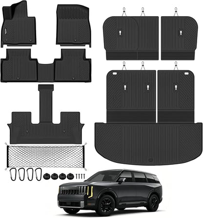 Tongama-Floor Mats for 2027 Kia Telluride Gas 8 Seat with Bench Seats (Not for Hybrid), All Weather TPE Trunk Mat with Backrest Mat & 2nd Row Backrest Mats & Cargo Net for Telluride Accessories