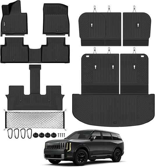 Tongama-Floor Mats for 2027 Kia Telluride Gas 8 Seat with Bench Seats (Not for Hybrid), All Weather TPE Trunk Mat with Backrest Mat & 2nd Row Backrest Mats & Cargo Net for Telluride Accessories
