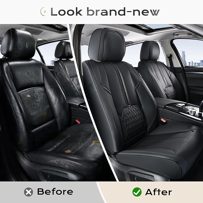 Coverado Car Seat Covers Full Set, Black Seat Cover with Lumbar Support, Luxury Leather Seat Covers for Front and Back, Waterproof Car Seat Protector Car Seat Cushion Universal Fit for Most Vehicles