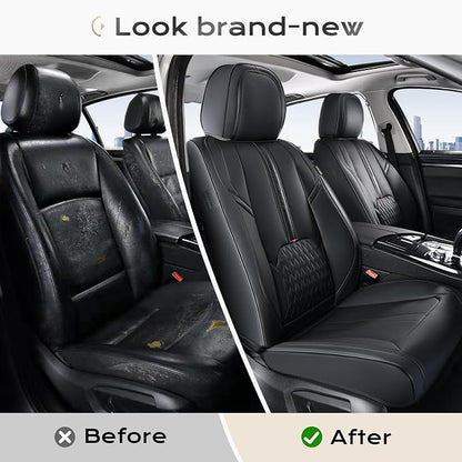 Coverado Car Seat Covers Full Set, Black Seat Cover with Lumbar Support, Luxury Leather Seat Covers for Front and Back, Waterproof Car Seat Protector Car Seat Cushion Universal Fit for Most Vehicles