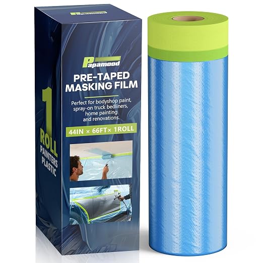 Pre-Taped Masking Film for Painting(1 Roll) - 44" x 66'Painters Plastic Sheeting with Tape and Drape, Painters Drop Cloth for Automotive & Home, Cover for Walls/Floors/Windows/Cars Protection