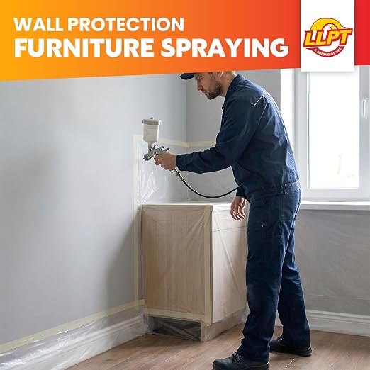 LLPT Pre-Taped Masking Film, 78.7" Unfolded x 66Ft, 0.27 Mil, 2 Pack | Static-Cling, Disposable, Solvent & Oil Resistant Bleed-Proof Low Tack No Residue for Auto Wall Furniture Painting Protection