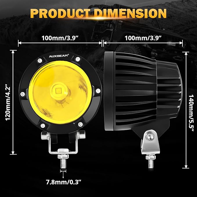 Auxbeam C4 Series LED Pods 4In 72W Amber Fog Light, Round Spot Offroad Light, 2PCS 7200LM Amber Light Pod with Wiring Harness Kit, Driving Light Yellow Ditch Light for Jeep Motor SUV ATV UTV Wrangler