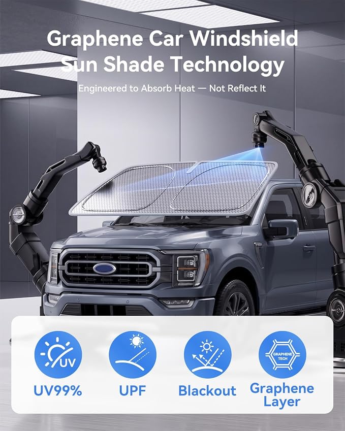 helloleiboo Windshield Sun Shade for Ford F-150 & Toyota Tundra 2021-2026 Graphene Honeycomb Heat Shield with UV Protection Foldable Custom Fit Front Window Sunshade Silver 69" x 35"
