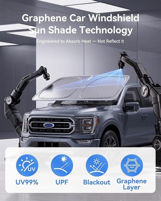 helloleiboo Windshield Sun Shade for Ford F-150 & Toyota Tundra 2021-2026 Graphene Honeycomb Heat Shield with UV Protection Foldable Custom Fit Front Window Sunshade Silver 69" x 35"